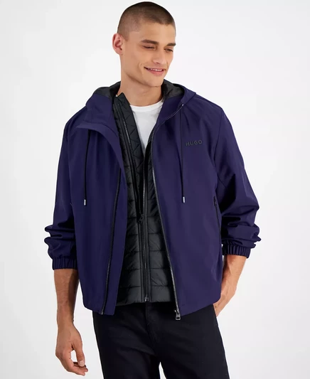 Мужская приталенная водоотталкивающая куртка-ветровка с капюшоном Hugo Boss navy