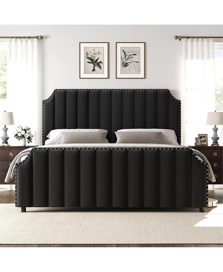 каркас кровати на платформе gaomon King Size 50,2 дюйма, изголовье бархатное, изножье с ворсом, отделка гвоздями Без пружинного блока, черный