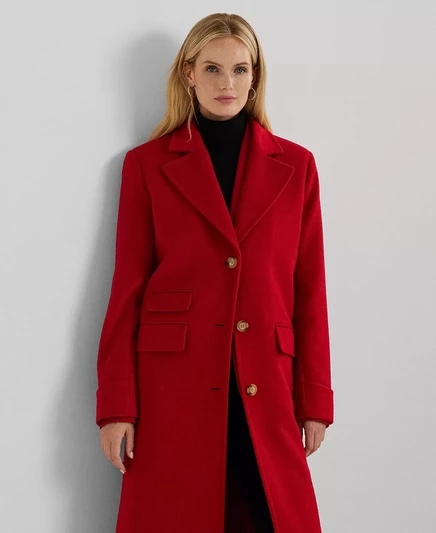  Женское длинное пальто с зубчатым воротником festive red