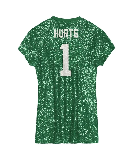 Платье с V-образным вырезом для больших девочек Jalen Hurts, Келли Грин, Philadelphia Eagles, украшенное блестками, Именем и номером игрока kelly green