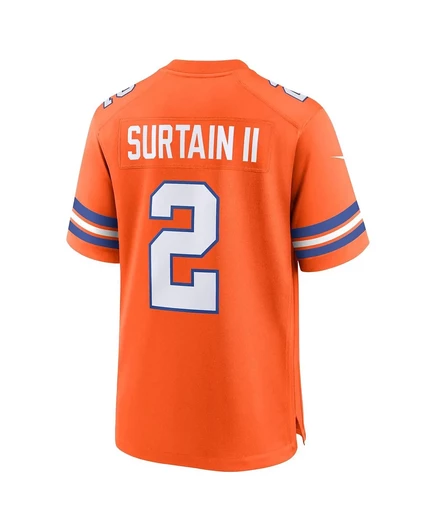 Мужская футболка Nike Patrick Surtain II оранжевого цвета из коллекции Denver Broncos Mile High 1977 года выпуска, выполненная в стиле ретро. orange, white