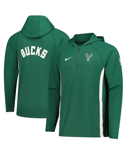 Мужская куртка-толстовка с капюшоном Hunter Green Milwaukee Bucks Authentic On Court Zone с застежкой на четверть молнии Dri-FIT hunter green