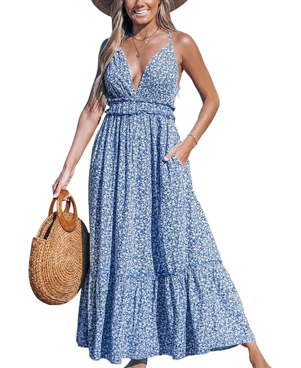  Женское пляжное платье макси с глубоким вырезом цвета индиго Blooms light/pastel blue