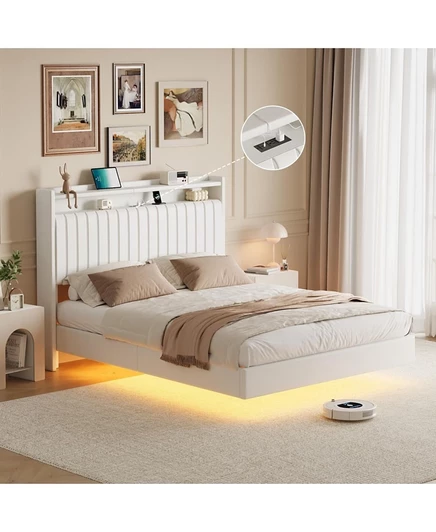 GAOMON Queen Size Прочная стальная рама RGB LED Светильники и зарядная станция с плавающей рамой кровати белого цвета