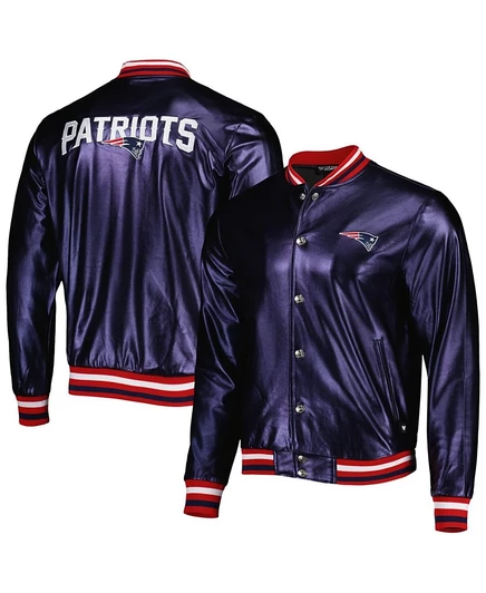 Мужская куртка-бомбер The Wild Collective Navy New England Patriots с металлическим принтом на молнии blue