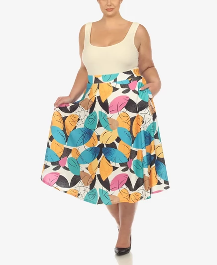 Винтажная расклешенная юбка миди с принтом в виде листьев White Mark Plus Size yellow