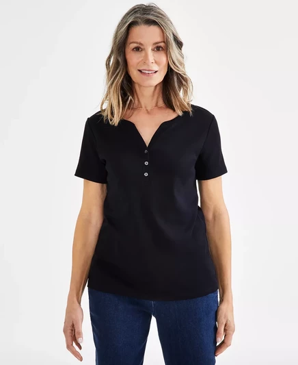  Миниатюрная хлопковая футболка Henley с коротким рукавом, созданная для Macy's  deep black