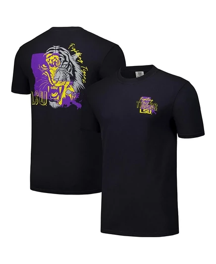 Изображение одной мужской и женской черной футболки LSU Tigers Hyper Local с двухцветным изображением талисмана штата Луизиана. black