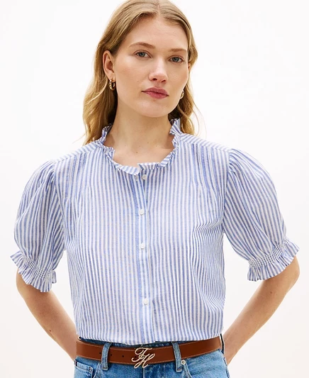 Женская блузка Tommy Hilfiger из камбрика с пинтачем, синяя