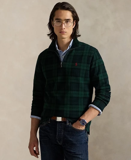 Мужской пуловер Polo Ralph Lauren из плотного хлопка в рубчик с застежкой на четверть молнии зеленого цвета