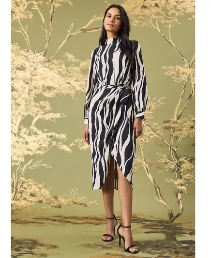  Женское платье-тюльпан с высоким воротом и юбкой-тюльпаном с принтом black/cream