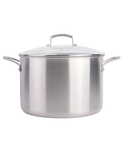 Babish 8 Quart Tri-Ply Stainless Steel Stock Pot with Glass Lid & Black Handles – Dutch Oven, Oven Safe, Dishwasher Safe silver