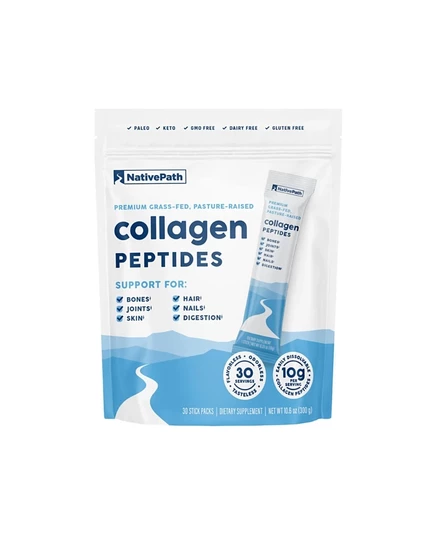 nativePath Collagen Peptides Protein Stick Packs - Гидролизованный коллагеновый порошок 1-го и 3-го типов для кожи, волос и ногтей - 30 порций белого цвета