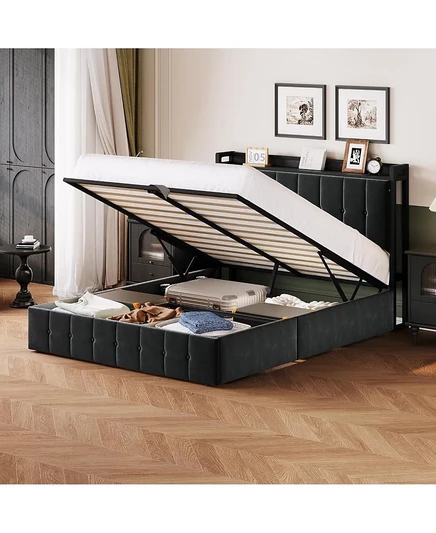каркас кровати gaomon с выдвижным ящиком для хранения, Обитое бархатом изголовье с ворсом, Металлический каркас, Деревянные рейки, Без пружинного блока, без цвета
