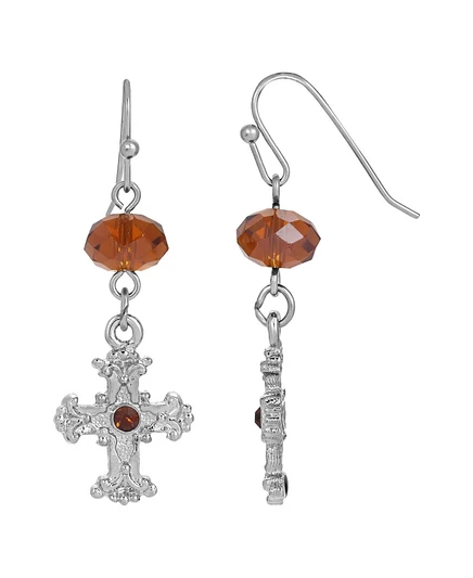 Женские серьги Symbols Of Faith крест с коричневыми кристаллами, коричневые