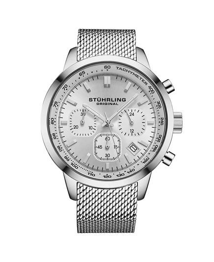 Мужские кварцевые часы с хронографом Stuhrling Chronoport 4082, сетчатый браслет из нержавеющей стали диаметром 44 мм