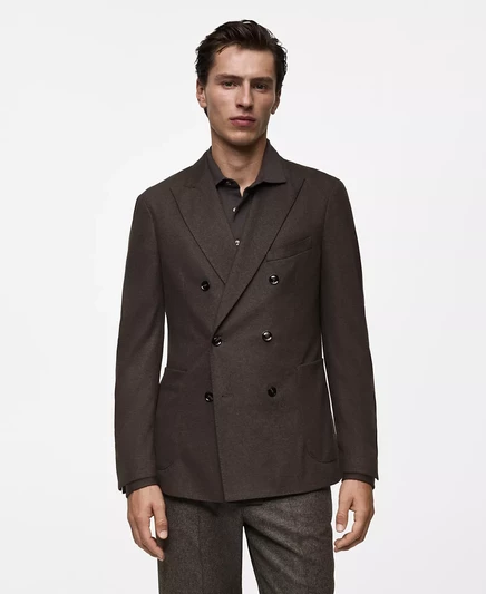 Мужской приталенный двубортный блейзер из натуральной шерсти Mango brown