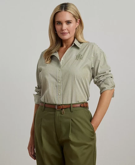  Рубашка из сукна в полоску свободного кроя большого размера sage green/white