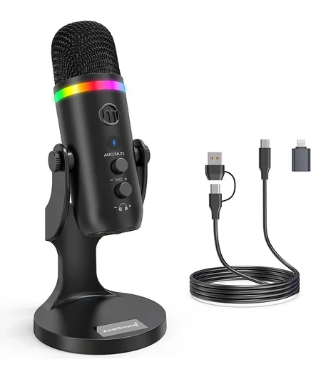 USB-микрофон ZealSound для iPhone, Конденсаторный микрофон с шумоподавлением, сенсорным отключением звука, усилением, Эхо, мониторингом, RGB для iPad, ПК, подкастов, потоковой передачи, Twitch черный