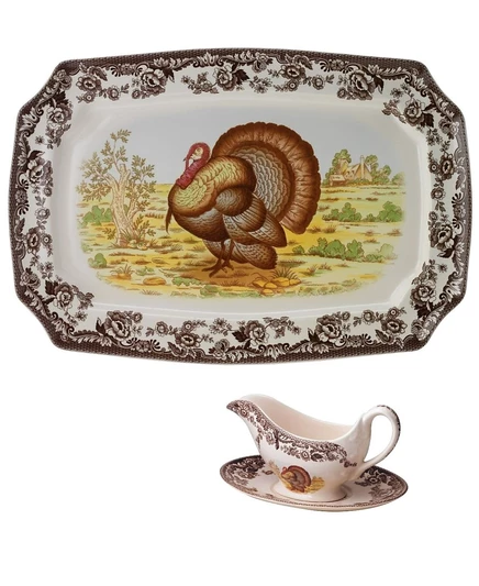 Соусник и поднос Spode Woodland Turkey, коричневые