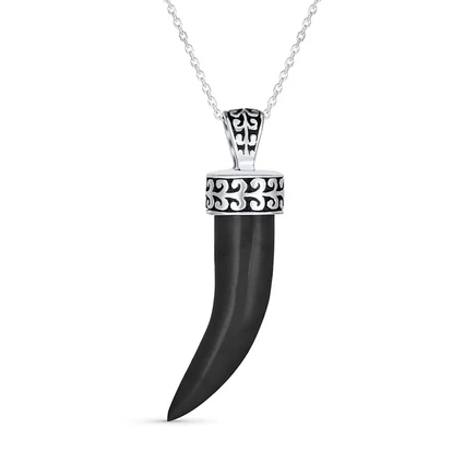 Колье Bling Jewelry с амулетом-рогом из оникса, серебро 925, черное