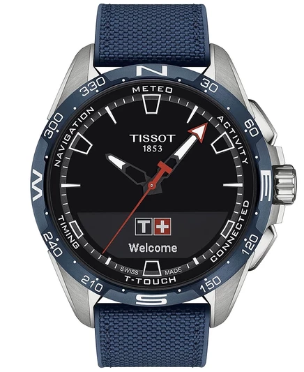 Мужские швейцарские смарт-часы Tissot T-Touch Connect Solar Blue с текстильным и кожаным ремешком, 48 мм, синие