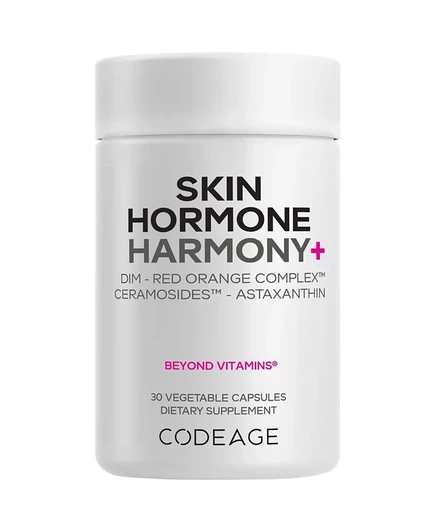Codeage Skin Hormone Harmony+ Добавка для поддержания здоровья кожи и волос с астаксантином, витамином С, аскорбиновой кислотой, Липосомальная доставка, 30 капсул белого цвета