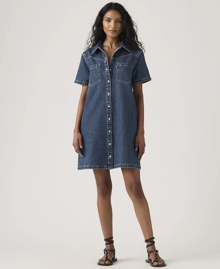 Женское хлопчатобумажное джинсовое платье Levi's Louisa из хлопка с коротким рукавом и воротником-стойкой синего цвета