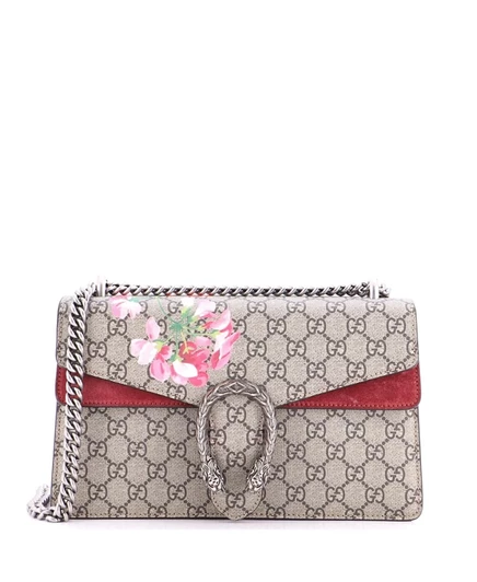 Женская сумка Gucci Dionysus small с принтом Blooms, коричневая