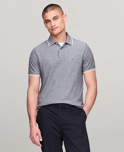 Мужское поло Tommy Hilfiger льняно-хлопковое с окантовкой, синее