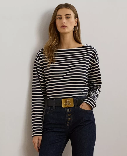  Женский полосатый топ из хлопчатобумажного джерси с вырезом лодочкой lauren navy/mascarpone cream