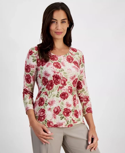  Жаккардовый топ Petite Rosette-Bloom с рукавами 3/4, созданный для Macy's  aged pine combo