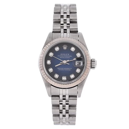 Бывшие в употреблении автоматические часы Rolex Oyster Perpetual Datejust из нержавеющей стали и белого золота с бриллиантовыми метками синего цвета диаметром 26 мм