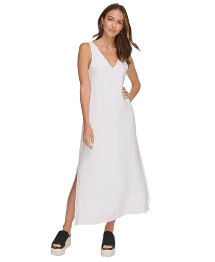 Женское макси-платье DKNY из льна с V-вырезом, белое