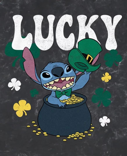 Мужская футболка с минеральной стиркой Lilo Stitch Lucky Stitch с коротким рукавом black