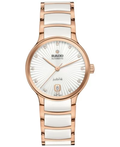 Женские швейцарские автоматические часы Rado Centrix с бриллиантовым акцентом из белой керамики и розового золота с PVD браслетом из нержавеющей стали 35 мм белого цвета