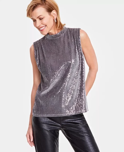  Женская футболка Muscle с круглым вырезом и блестками, созданная для Macy's gun metal
