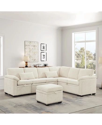 Streamdale Furniture 97-дюймовый L-образный секционный диван из синели с пуфиком коричнево-бежевого цвета