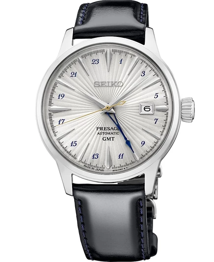 Мужские часы Seiko Presage GMT 40,5 мм с черным кожаным ремешком
