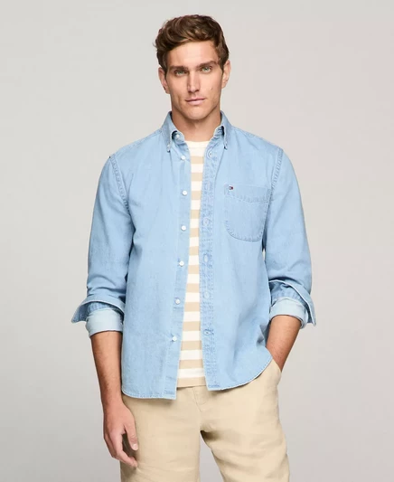 Мужская джинсовая рубашка на пуговицах с длинным рукавом от Tommy Hilfiger dark blue denim