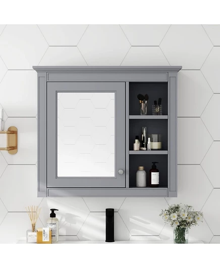Шкаф-зеркало CASAINC 76×71 см настенный с 3 открытыми полками, серый