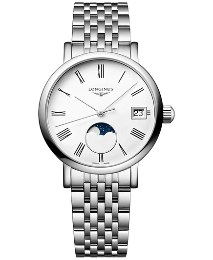 Женские швейцарские элегантные часы Longines Moonphase с браслетом из нержавеющей стали 30 мм без цвета