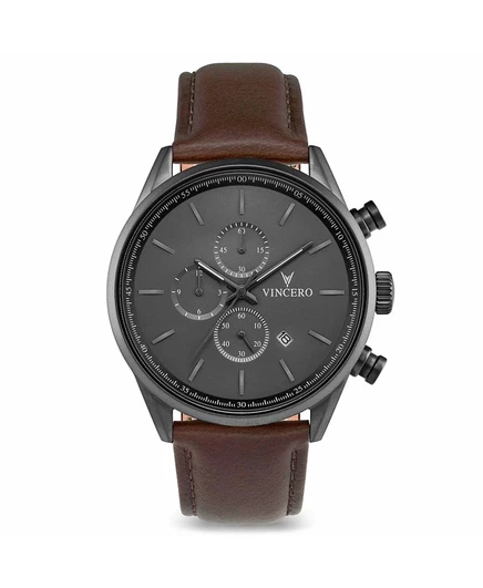 Мужские часы Vincero Chrono S2 с хронографом на коричневом кожаном ремешке 43 мм