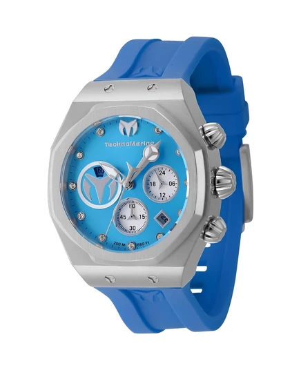 Женские часы TechnoMarine TM-523006 Reef с кварцевым хронографом серебристого цвета и небесно-голубым циферблатом. blue