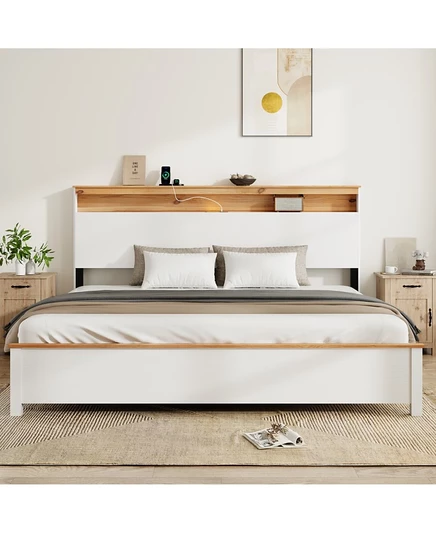 Каркас двуспальной кровати Streamdale Furniture со встроенной зарядной станцией в деревенском белом цвете white