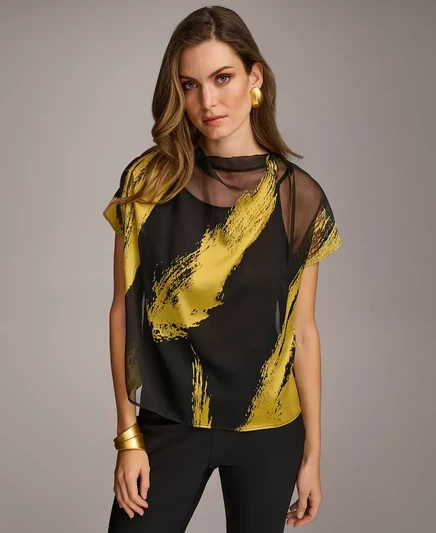 Женская блузка с металлическим принтом и коротким рукавом от Donna Karan black/gold