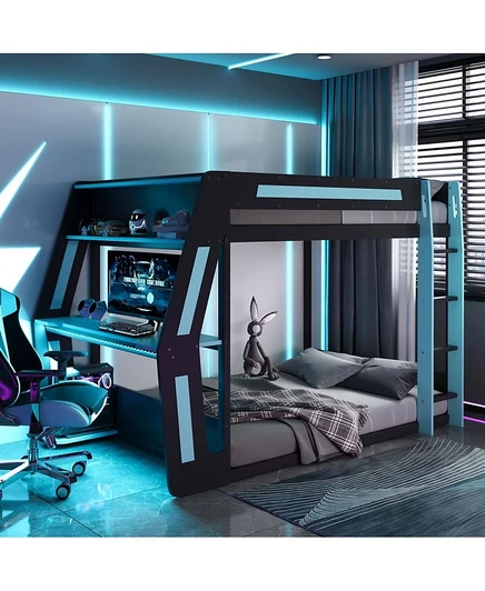 Полноразмерная игровая двухъярусная кровать Streamdale Furniture с рабочим столом RGB, USB-портами, светодиодной лентой и кабельной прокладкой