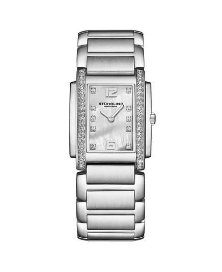 Женские кварцевые часы Stuhrling Serafine 4089.1 прямоугольной формы с циферблатом из перламутра и безелем из кристаллов Swarovski белого цвета