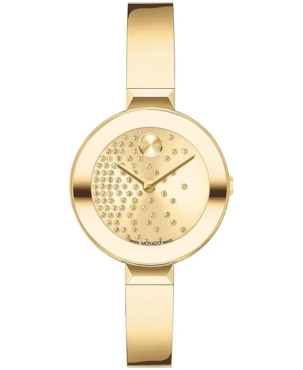 Женские смелые браслеты Movado со швейцарским кварцем с ионным покрытием из светло-золотистых 2-х стальных часов диаметром 28 мм