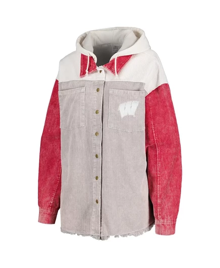 Женская куртка Gameday Couture серого цвета с потертостями Wisconsin Badgers из вельвета в винтажном стиле с капюшоном на цельнокроеной застежке gray